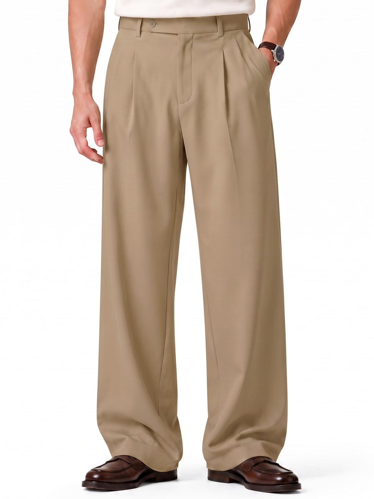 HUNGSON Mens Baggy Casual Dress Pants Pleated Wide Leg Lightweight Slacks