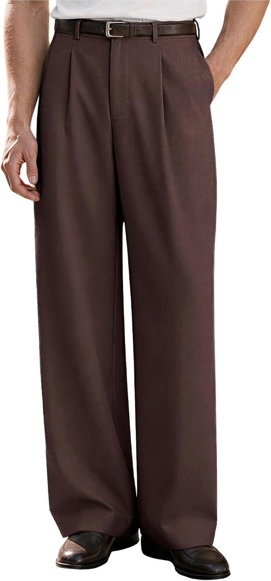 Uni Clau Men's Pleated Dress Pants Baggy Wide Leg Trousers Elastic Waist