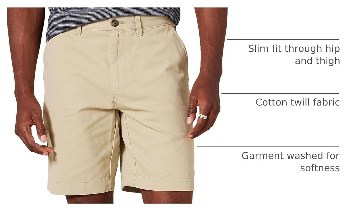 Amazon Essentials Men's Slim-Fit 9" Cotton Twill Khaki Chino Shorts with Tapered Leg