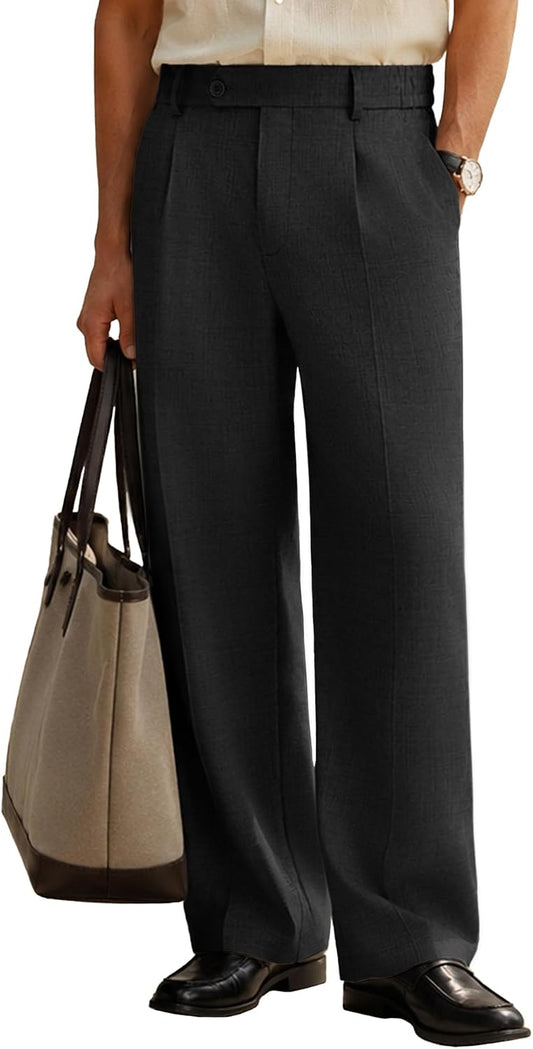 Susclude Mens Plaid Casual Dress Pants Old Money Wide Leg Baggy Pleated Slacks Elastic Waist Work Vacation Trousers