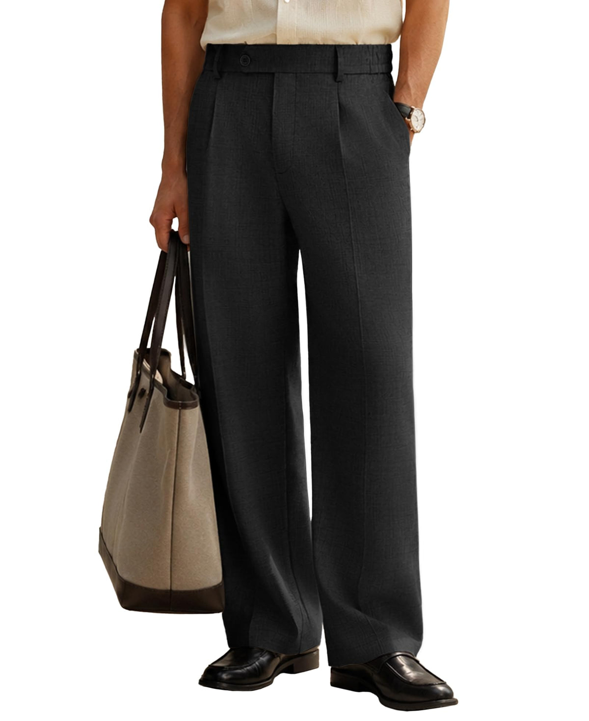 Susclude Mens Plaid Casual Dress Pants Old Money Wide Leg Baggy Pleated Slacks Elastic Waist Work Vacation Trousers