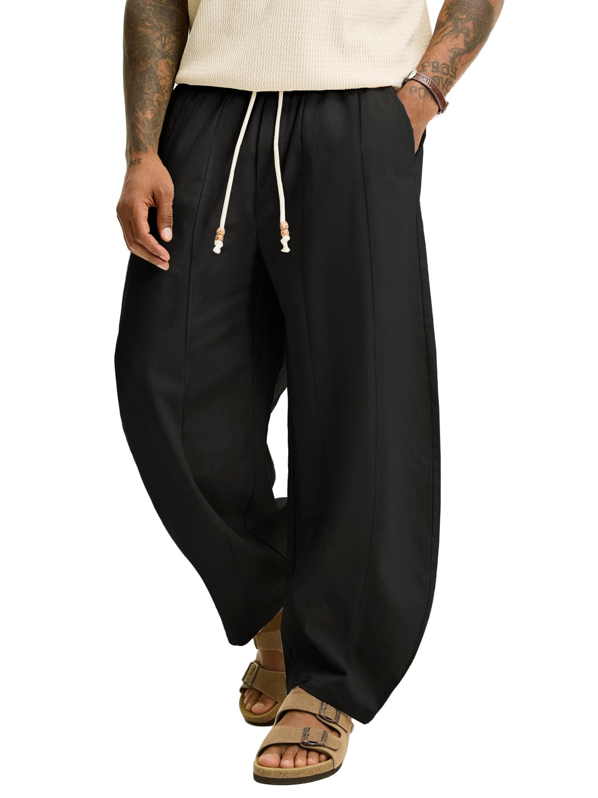 JEMLDL Men's Baggy Linen Cotton Pants Drawstring Summer Beach Vacation Pant
