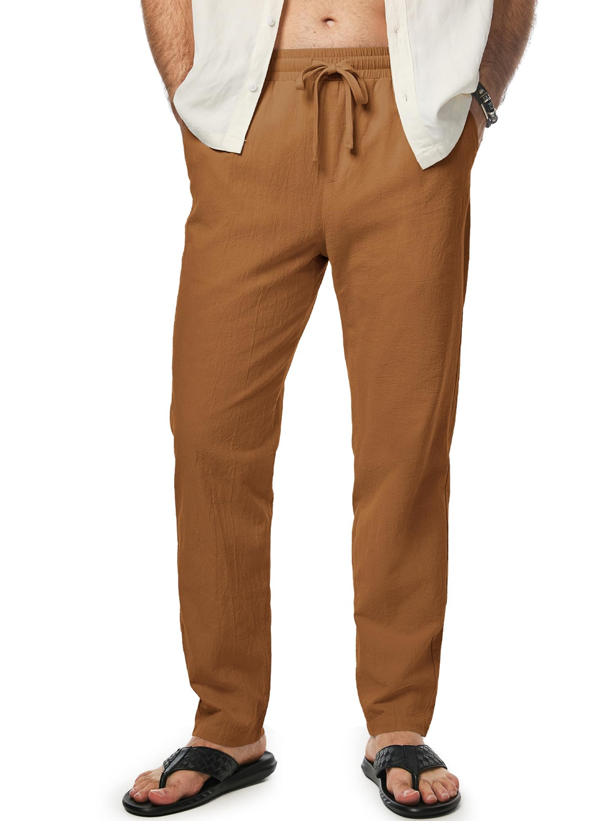 JMIERR Mens 100% Cotton Pants Casual Elastic Waist Drawstring Lightweight Summer Beach Trousers with Pockets