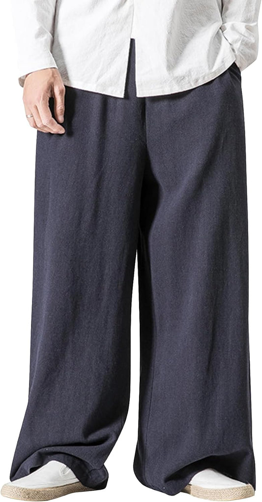 Kissonic Mens Casual Linen Pants Elastic Waist Cotton Wide Leg Trousers