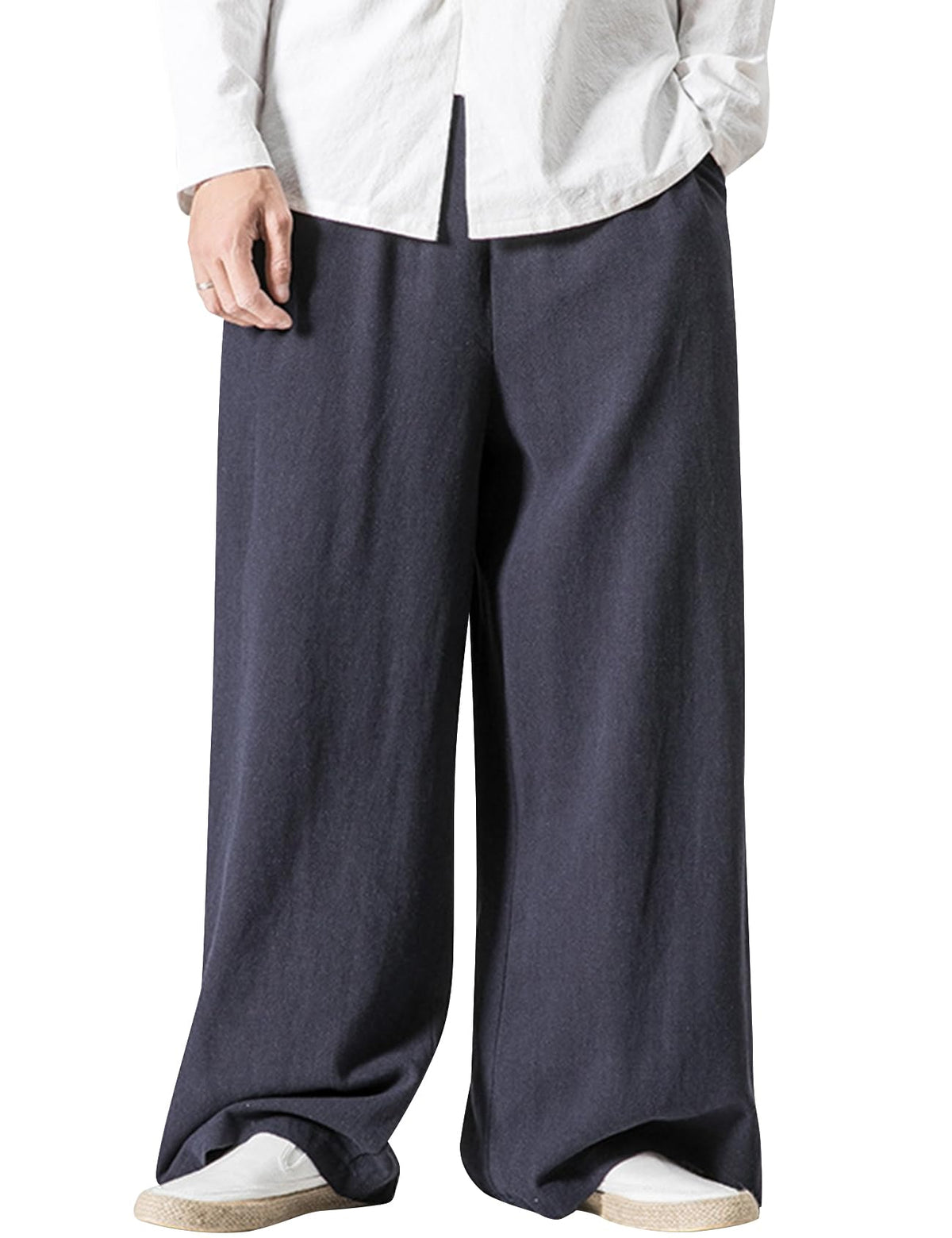 Kissonic Mens Casual Linen Pants Elastic Waist Cotton Wide Leg Trousers