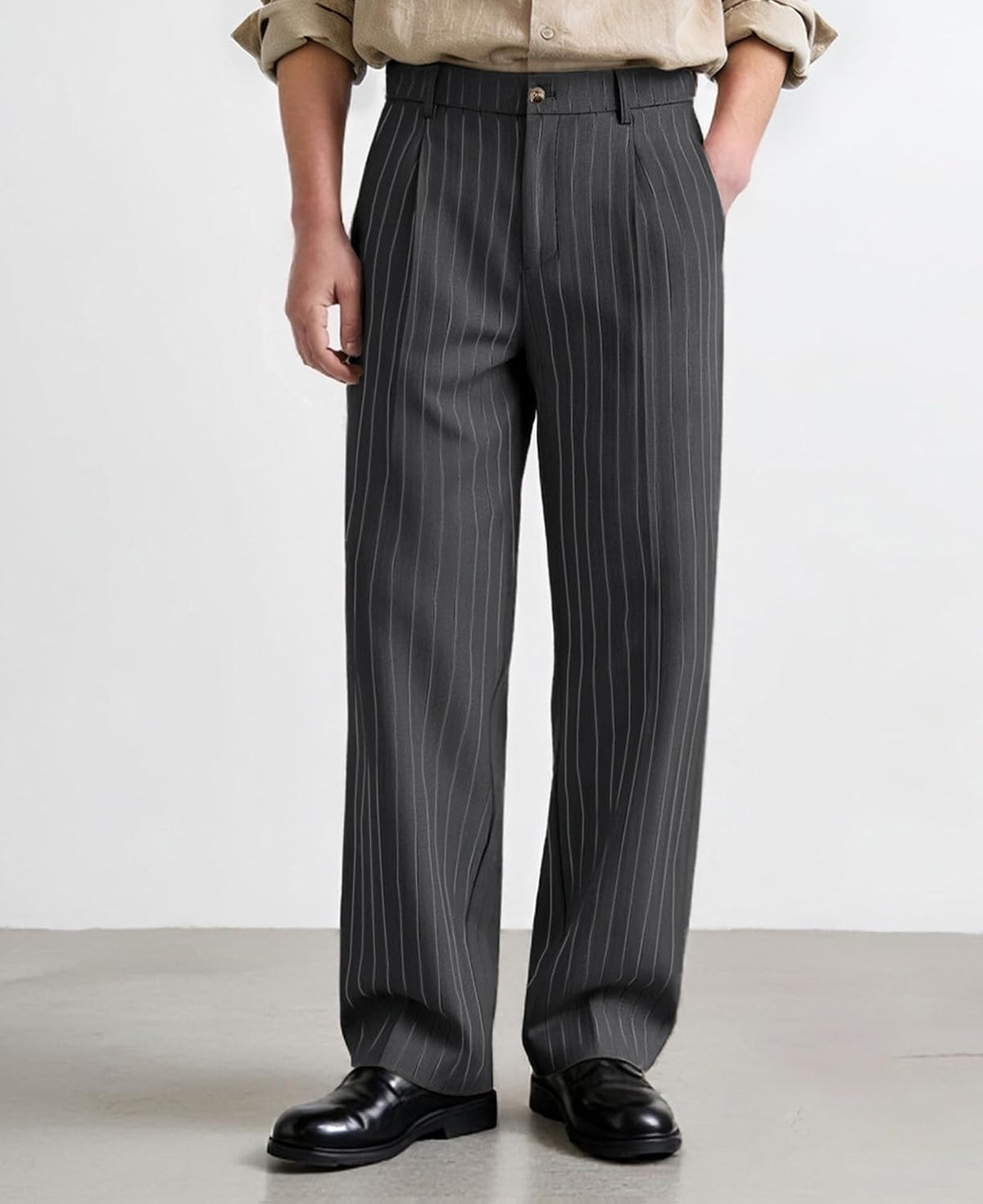 Susclude Mens Pinstripe Casual Dress Pants Old Money Wide Leg Baggy Pleated Slacks Elastic Wasist Loose Fit Work Trousers