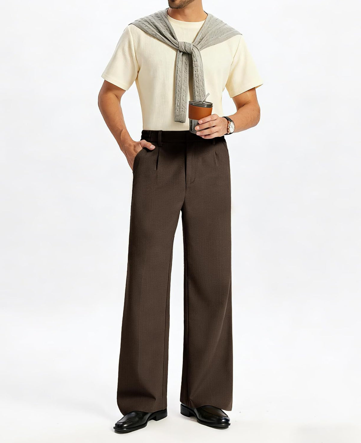 Susclude Mens Bootcut Casual Dress Pants Flared Wide Leg Old Money Pleated Elastic Waist Slacks Vintage Work Office Trousers