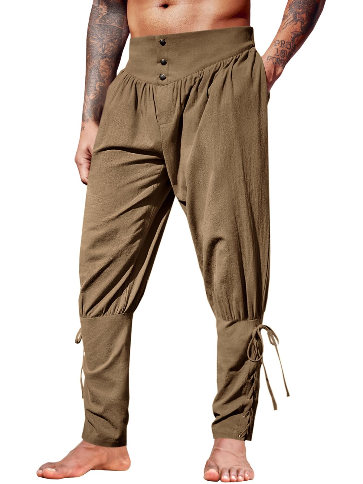 Runcati Mens Medieval Ankle Pants Renaissance Viking Linen Costume Trousers