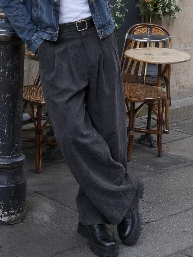 Runcati Mens Corduroy Baggy Pants Wide Leg Casual Fall Dress Slacks