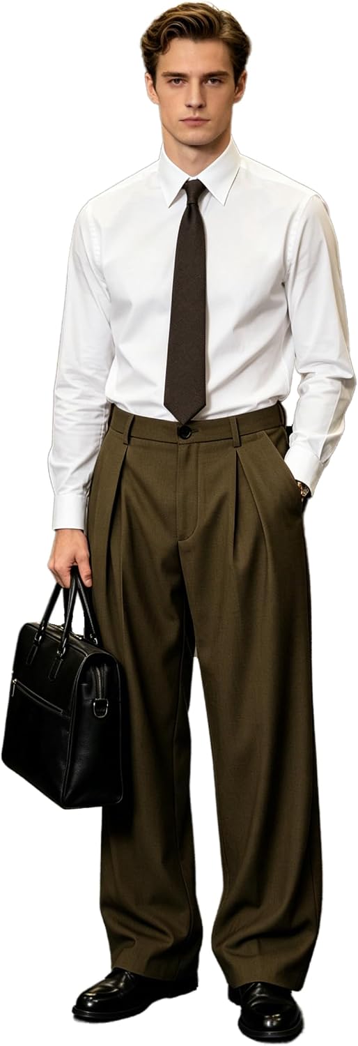 Percle Men's Pleated Baggy Wide Leg Dress Pants Old Money Casual Slacks