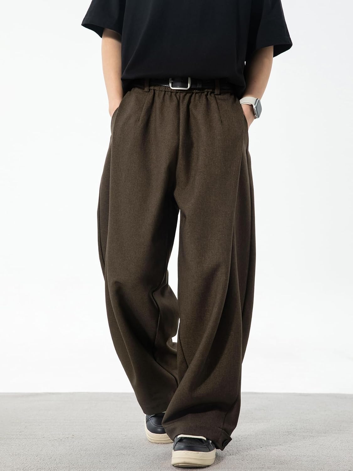 Mens Pleated Wide Leg Baggy Dress Pants Casual Elastic Waist Fall Long Trousers with Pockets