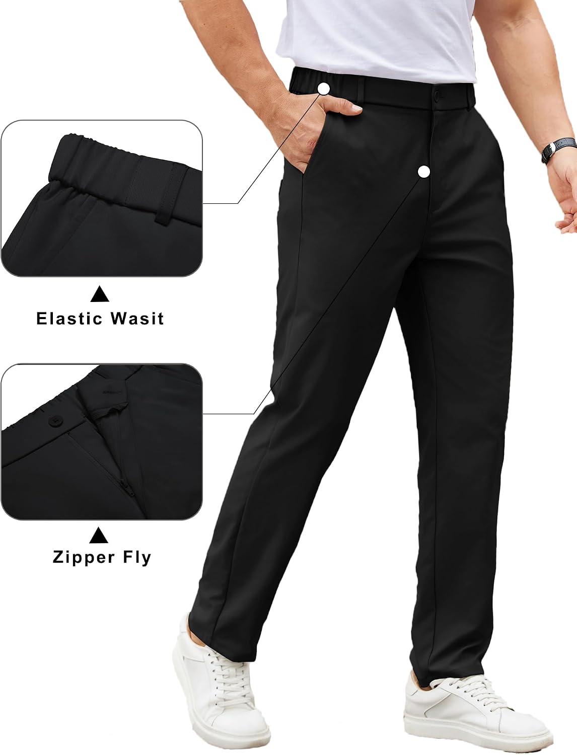 COOFANDY Mens Casual Chino Pants Elastic Waist Classic-Fit Dress Slacks