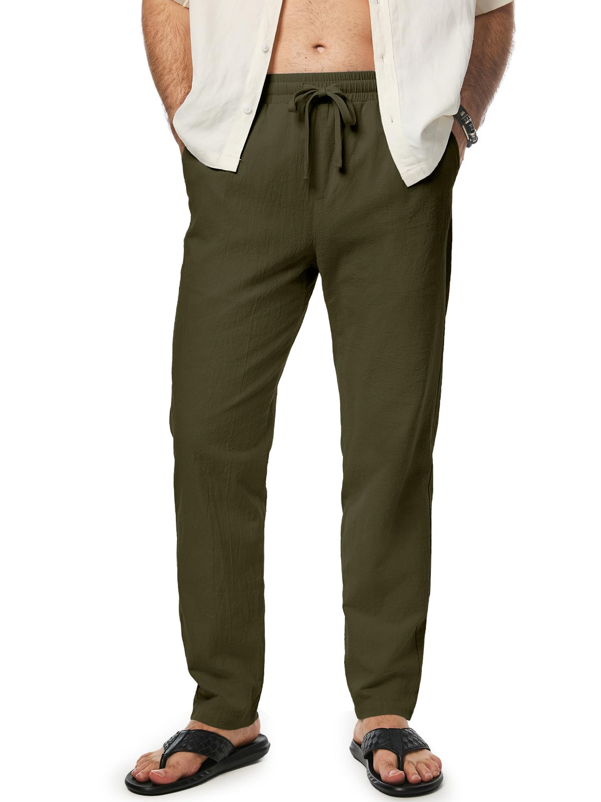 JMIERR Mens 100% Cotton Pants Casual Elastic Waist Drawstring Lightweight Summer Beach Trousers with Pockets