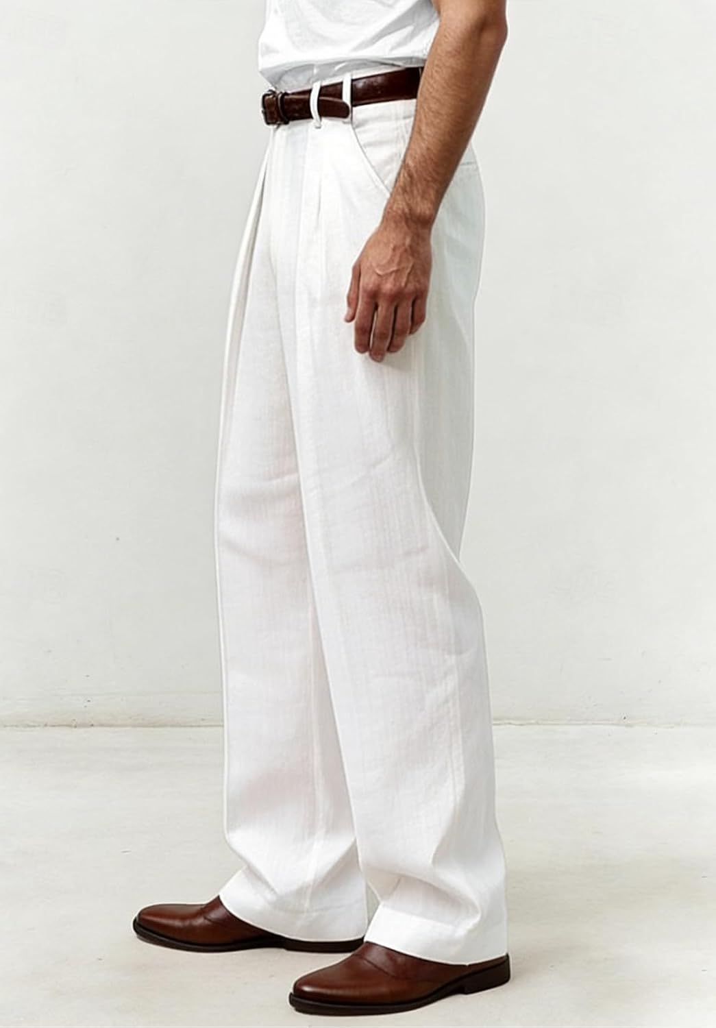 Mens Linen Blend Pants Pleated Front Relaxed Fit Trousers