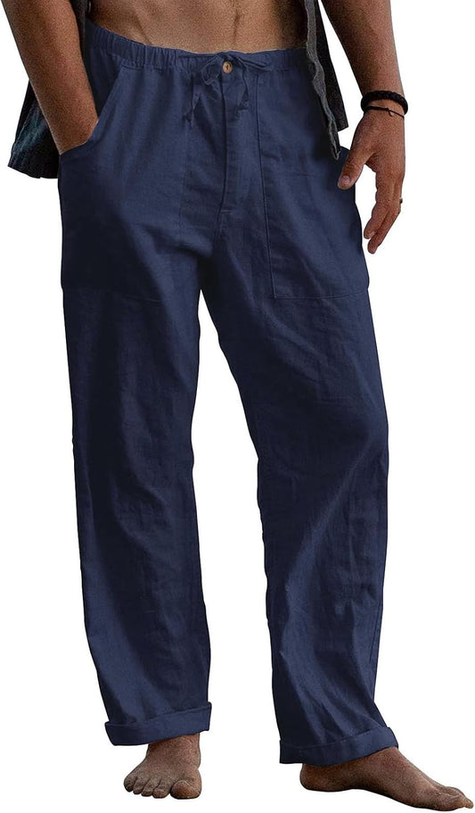 Puimentiua Mens Cotton Linen Pants Casual Loose Fit Summer Beach Pants