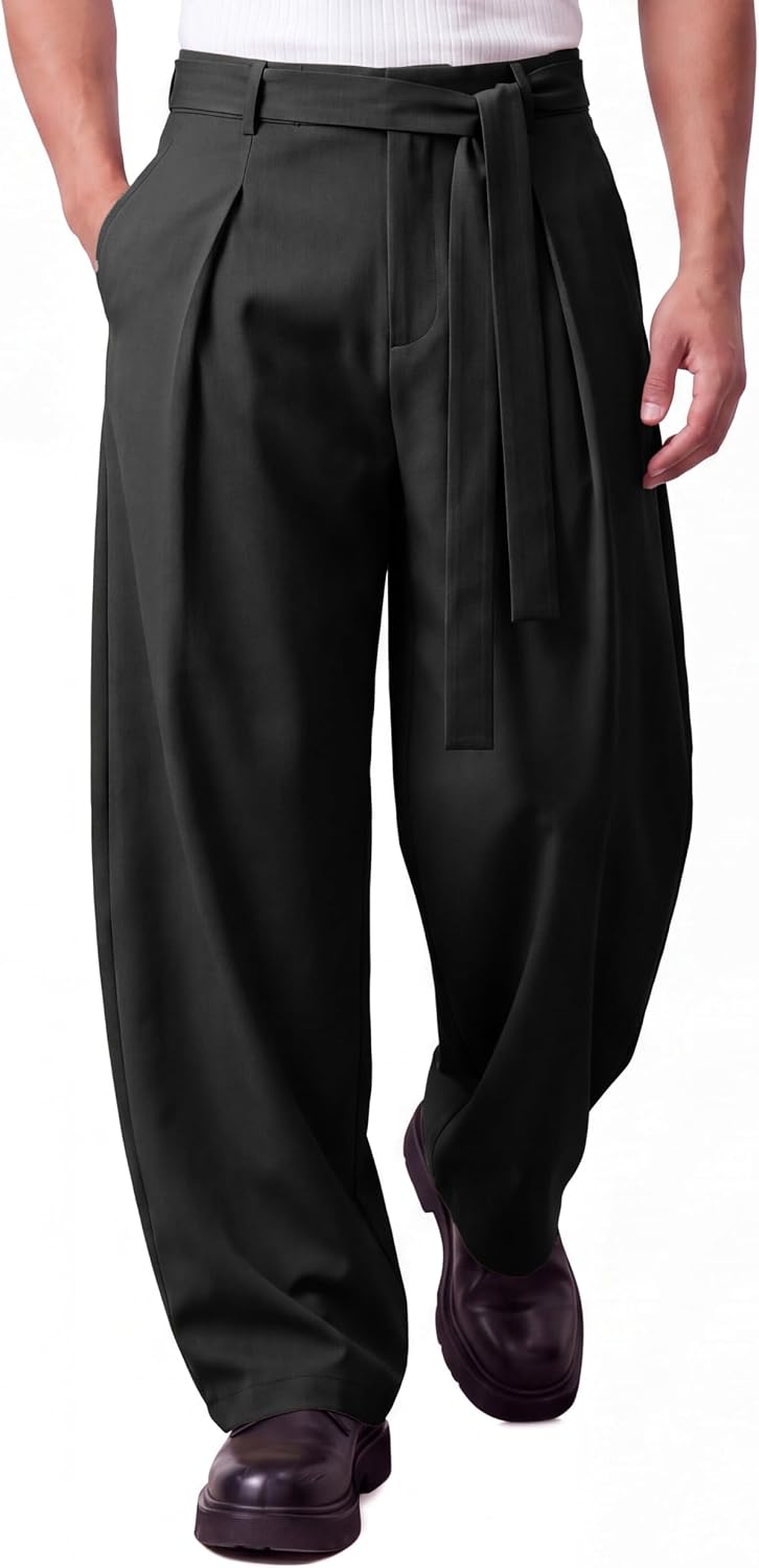 Runcati Mens Baggy Dress Pants Wide Leg Casual Lightweight Slacks with Belt