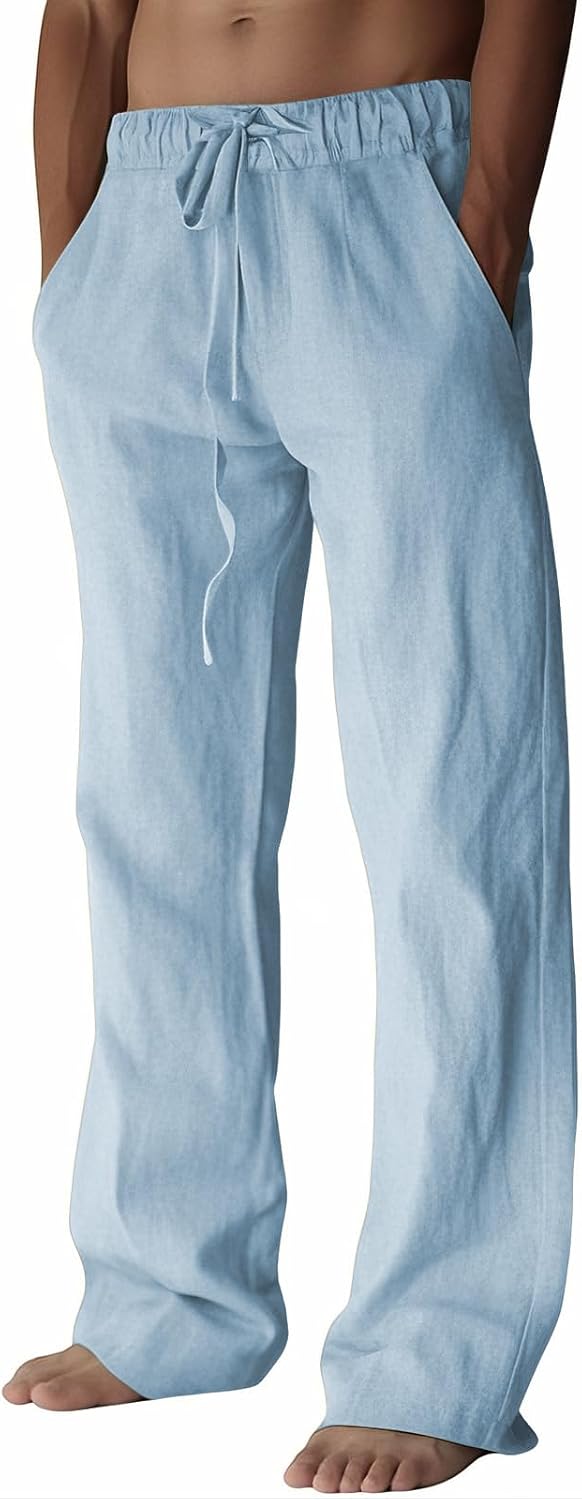 PIDOGYM Mens Cotton Linen Pants Beach Casual Pajama Pants with Pockets