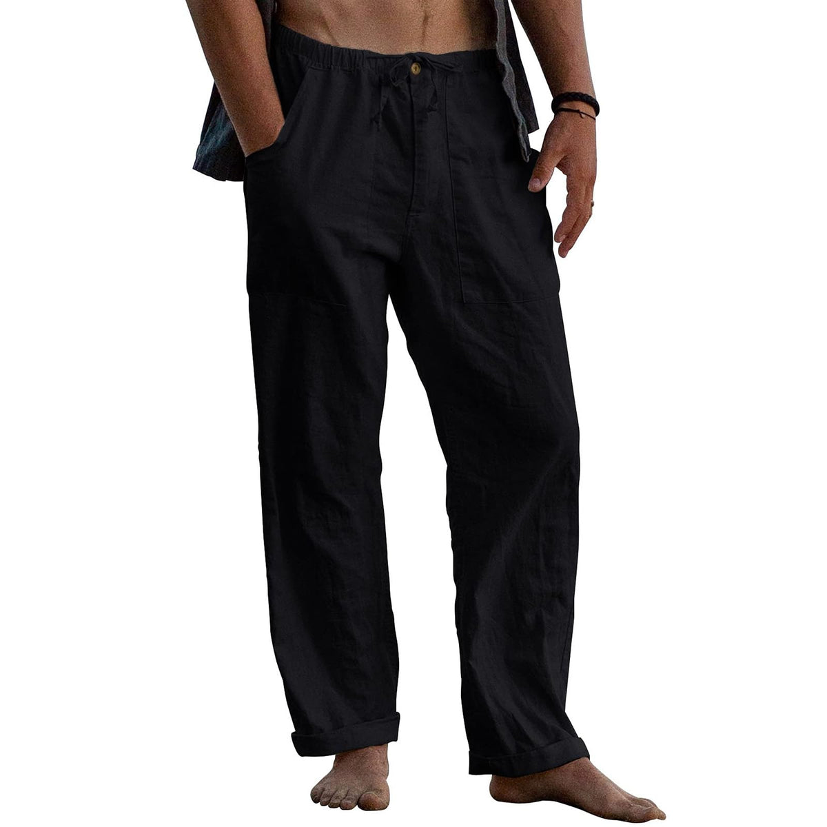 Puimentiua Mens Cotton Linen Pants Casual Loose Fit Summer Beach Pants