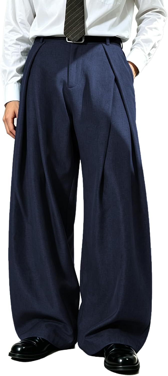 Percle Mens Baggy Casual Pants Elastic Back Waist Pleated Wide Leg Slacks