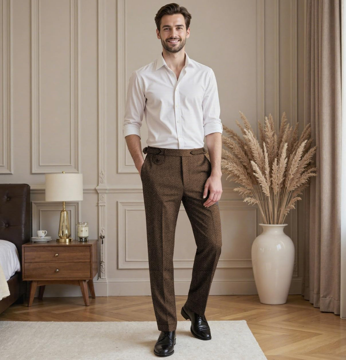 Men's Herringbone Tweed Dress Pants Regular Fit Vintage Wool Trousers