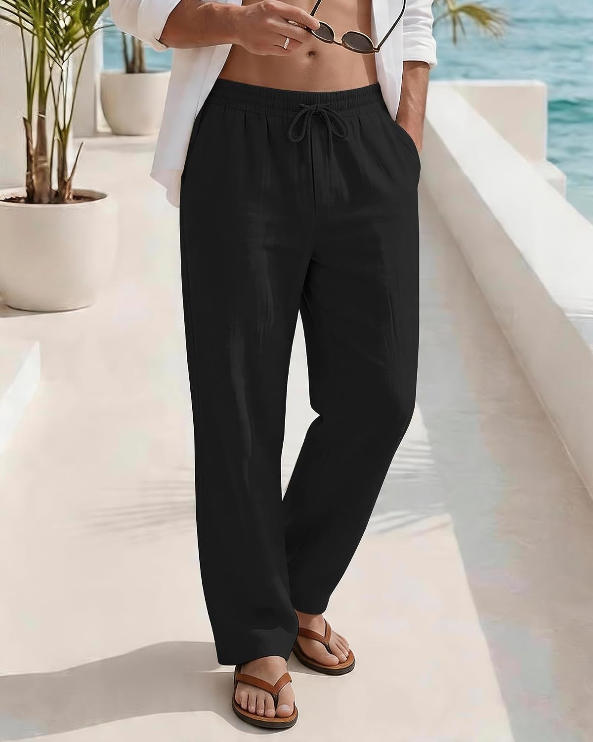Men's Casual Pants Elastic Waist with Drawstring Loose Fit Beach Summer Trousers for Travel and Lounge Wear