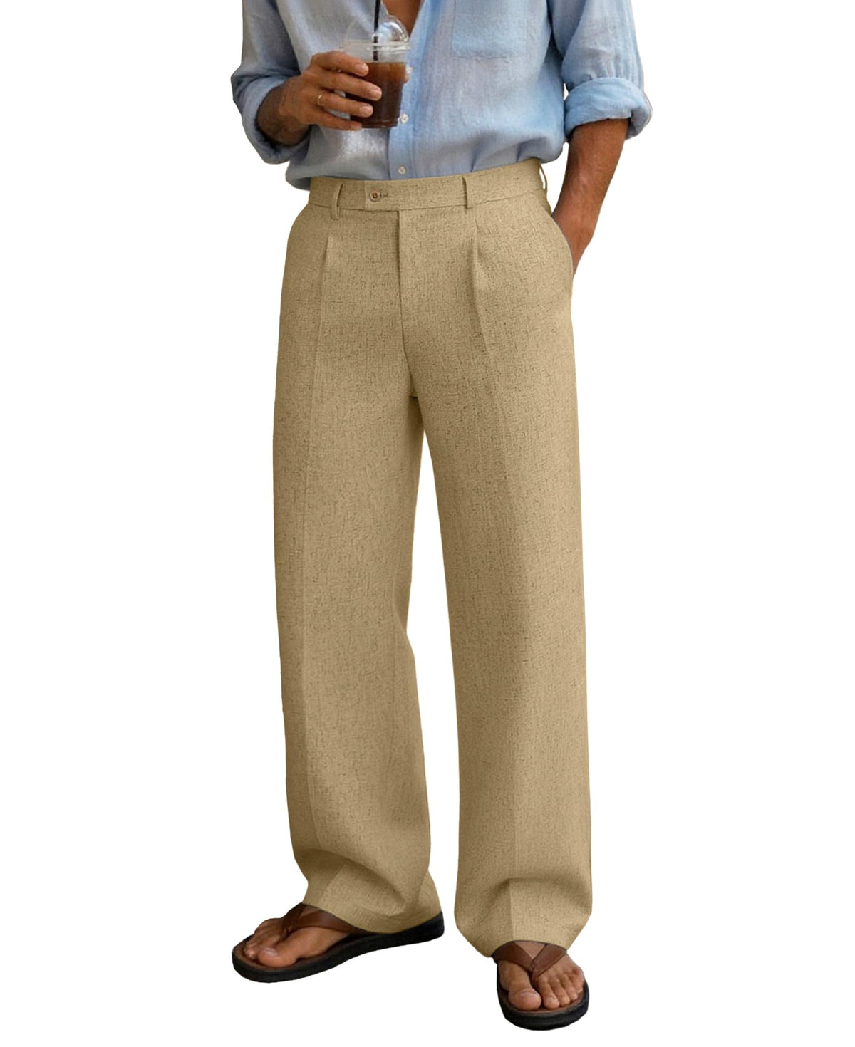 Susclude Mens Linen Casual Dress Pants Wide Leg Baggy Pleated Work Trousers