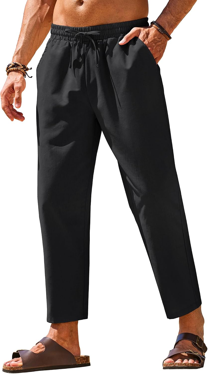 COOFANDY Mens Linen Casual Pants Elastic Drawstring Trousers Summer Pants