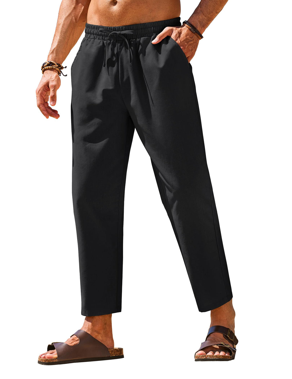 COOFANDY Mens Linen Casual Pants Elastic Drawstring Trousers Summer Pants