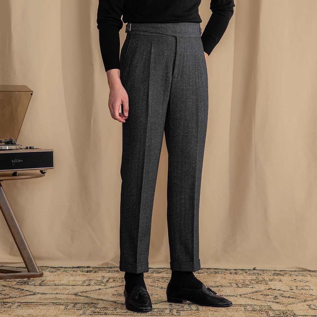 Men Trousers Vintage Tweed Blend Pants Herringbone Slim Fit Pleat-Front Pant