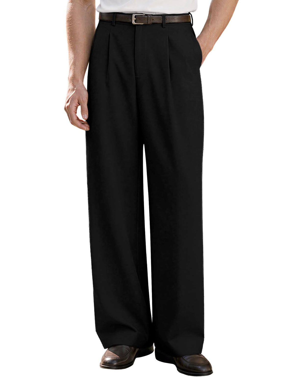 Uni Clau Men's Pleated Dress Pants Baggy Wide Leg Trousers Elastic Waist