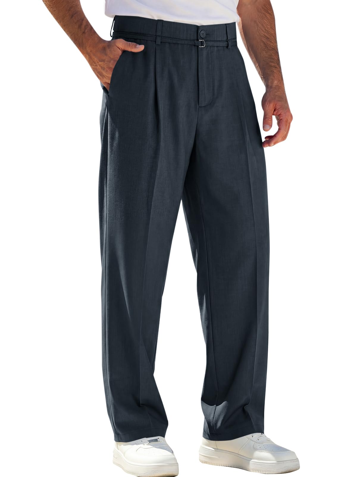 Runcati Mens Casual Dress Pants Elastic Waist Pleated Baggy Wide Leg Slacks