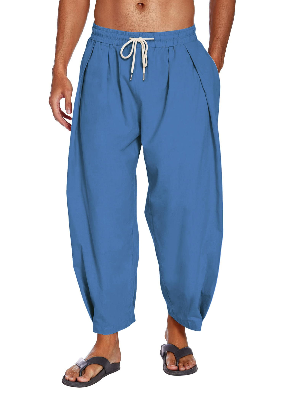 COOFANDY Men's Cotton Linen Harem Pants Drawstring Casual Cropped Trousers Lightweight Loose Beach Yoga Pants with Pockets