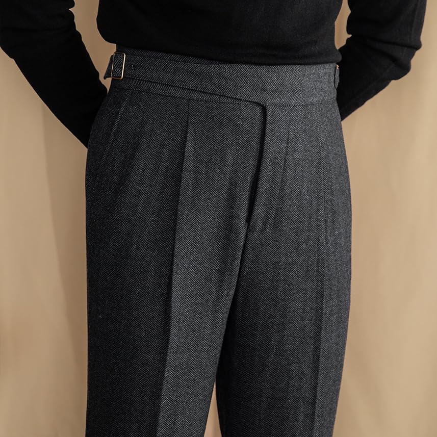 Men Trousers Vintage Tweed Blend Pants Herringbone Slim Fit Pleat-Front Pant