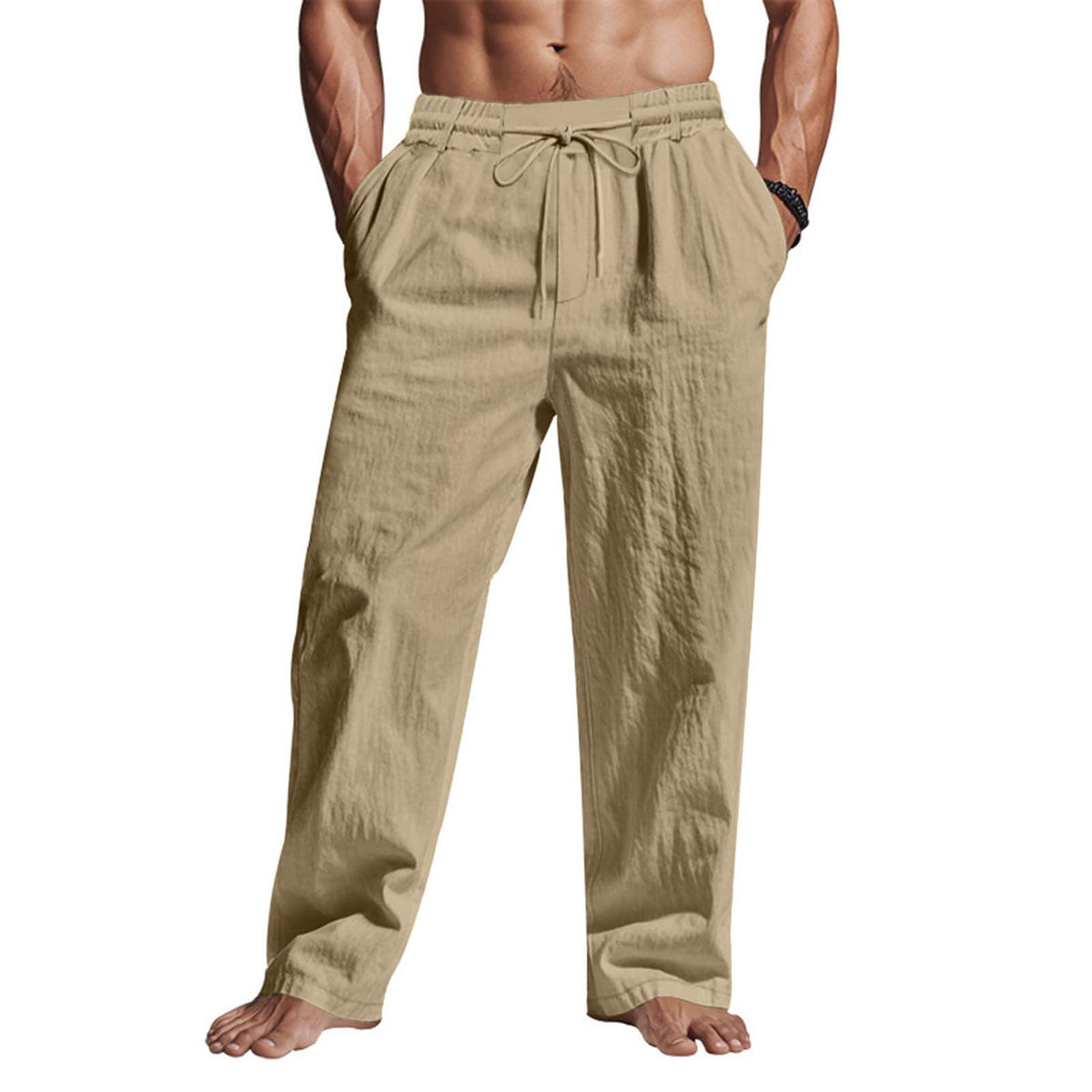 Puimentiua Casual Linen Pants Men Elastic Drawstring Baggy Summer Lounge