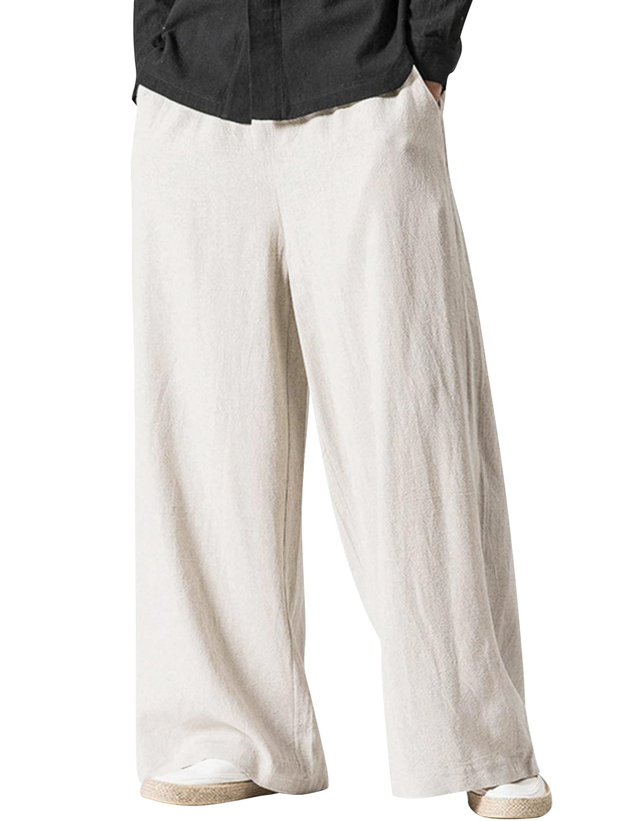 Kissonic Mens Casual Linen Pants Elastic Waist Cotton Wide Leg Trousers