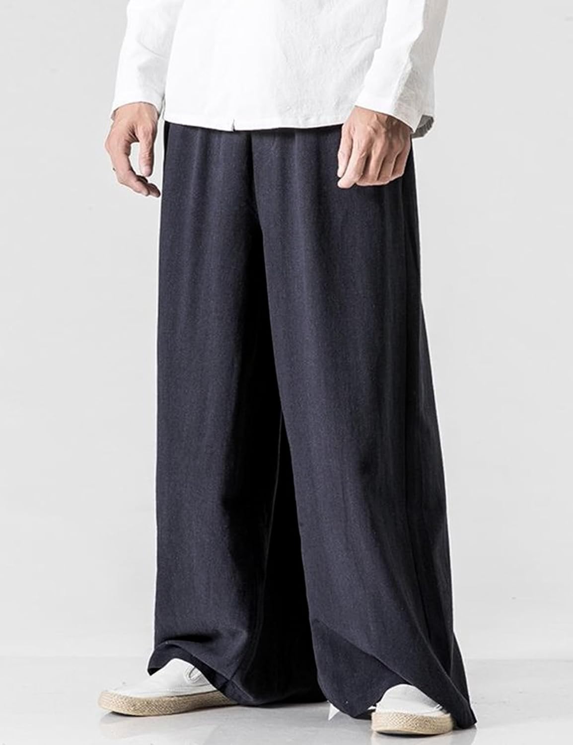 Kissonic Mens Casual Linen Pants Elastic Waist Cotton Wide Leg Trousers