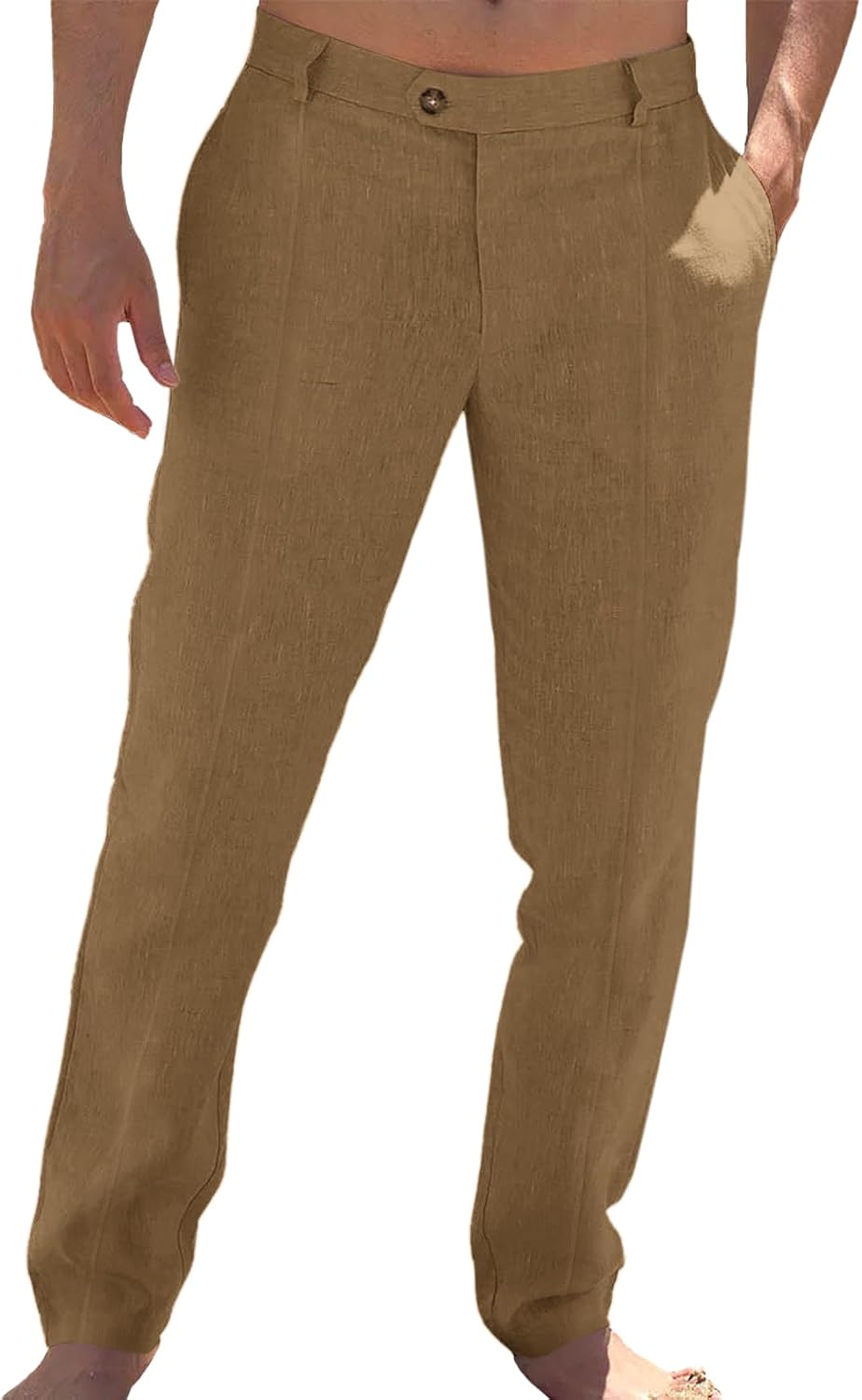 Runcati Mens Cotton Linen Casual Pants Dress Elastic Waist Trousers Slacks