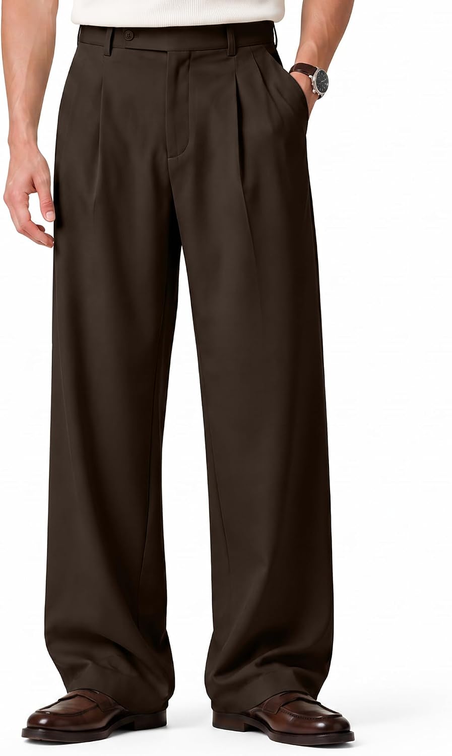 HUNGSON Mens Baggy Casual Dress Pants Pleated Wide Leg Lightweight Slacks