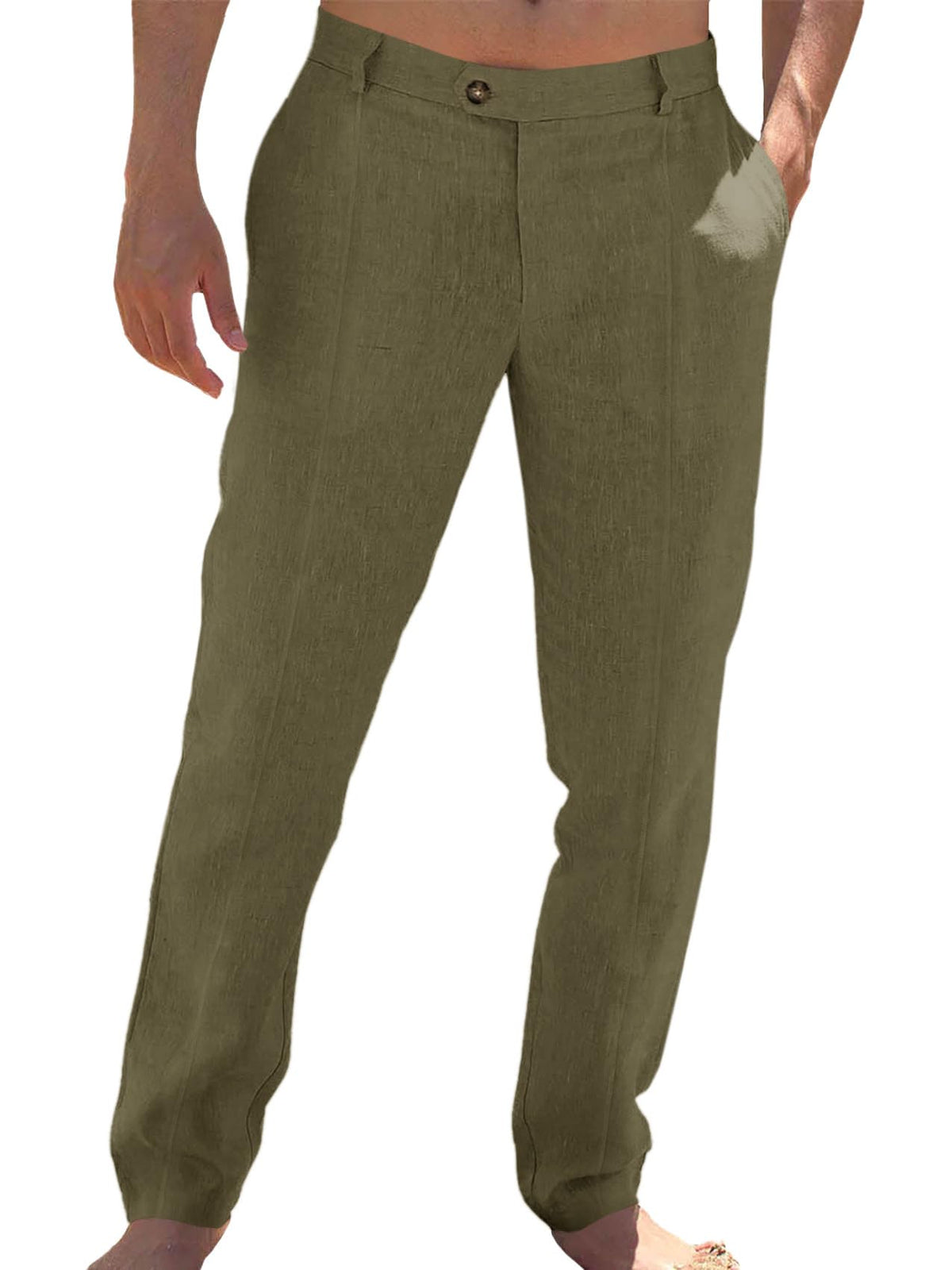 Runcati Mens Cotton Linen Casual Pants Dress Elastic Waist Trousers Slacks