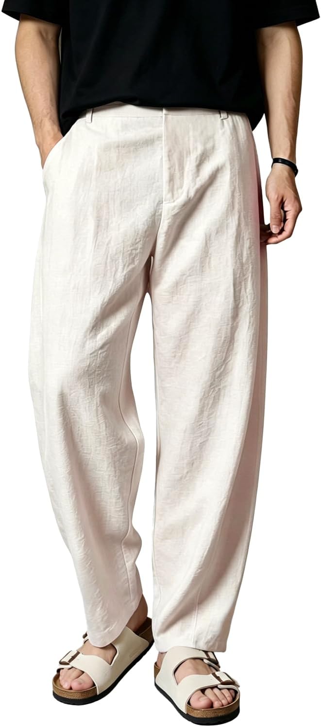Heyfanee Linen Pants Men Casual Summer Beach Pleated Trousers Loose Fit