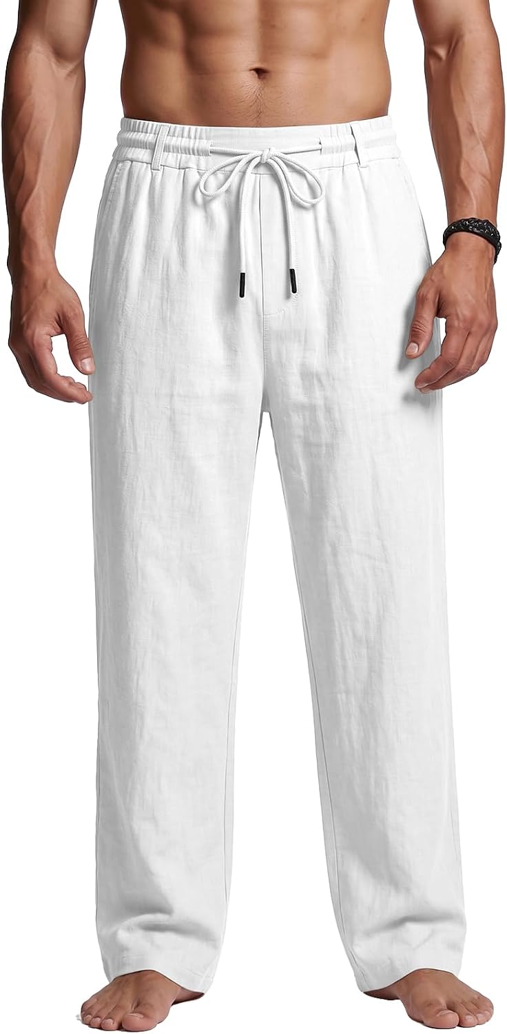 PIDOGYM Men's Cotton Linen Pants Summer Beach Pants Golf Dress Trousers