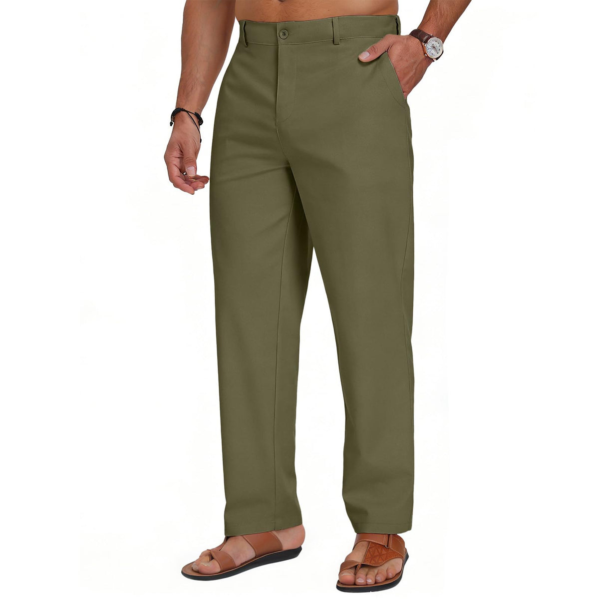 Puimentiua Mens Linen Casual Business Dress Pants Elastic Waist Regular Fit