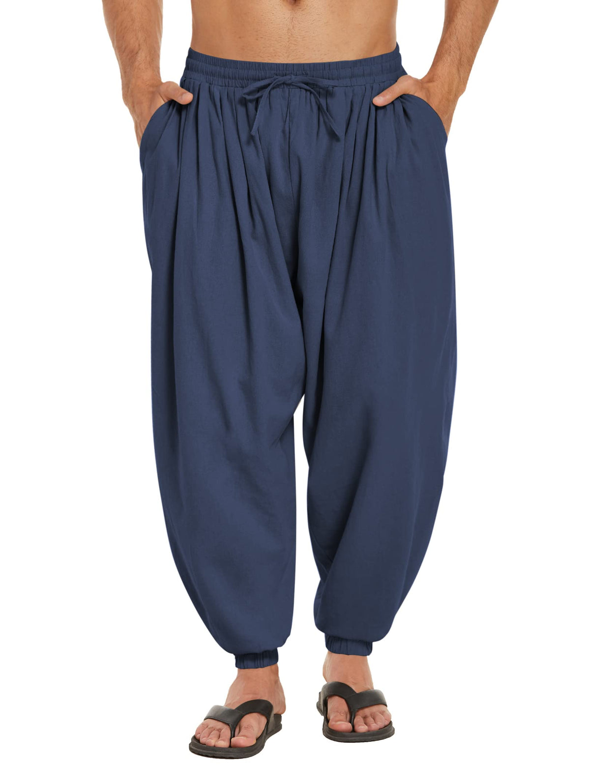 COOFANDY Men Hippie Harem Pants Baggy Linen Cotton Boho Yoga Pants Summer Beach Pants Casual Drop Crotch Trouser