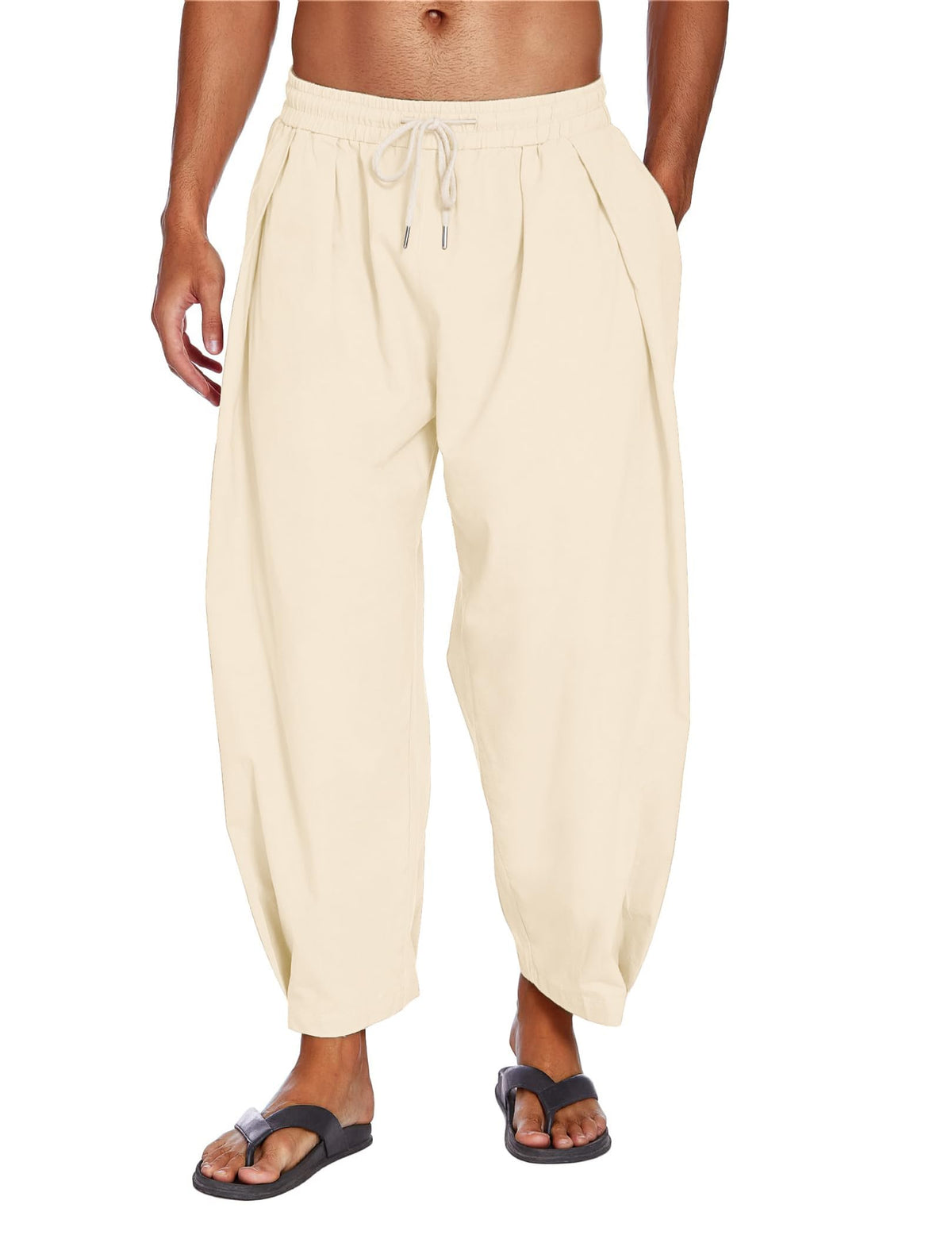 COOFANDY Men's Cotton Linen Harem Pants Drawstring Casual Cropped Trousers Lightweight Loose Beach Yoga Pants with Pockets