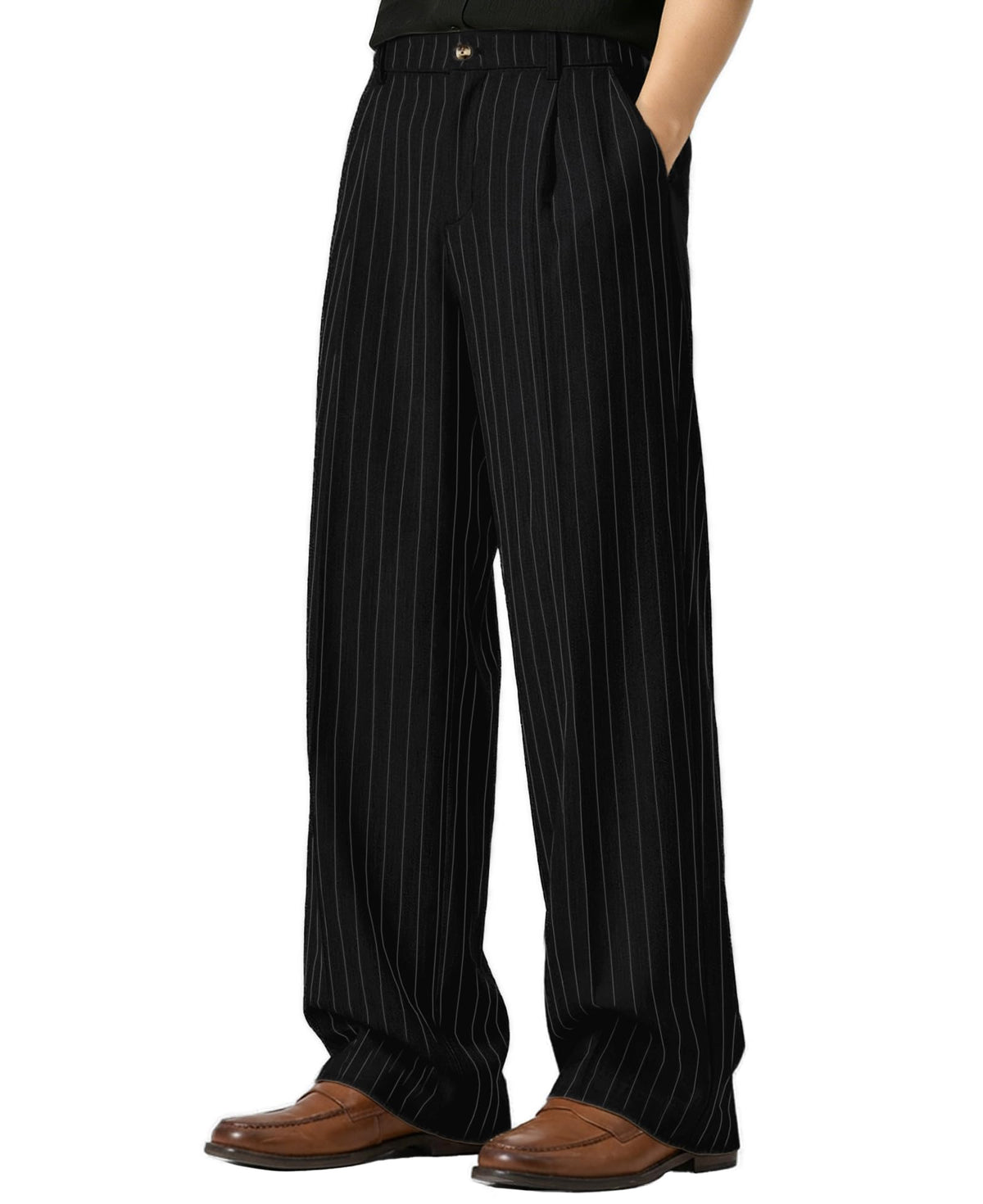 Susclude Mens Pinstripe Casual Dress Pants Old Money Wide Leg Baggy Pleated Slacks Elastic Wasist Loose Fit Work Trousers