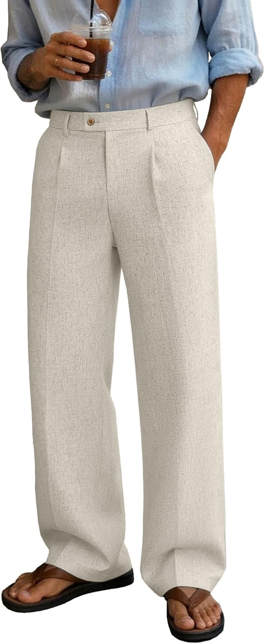 Susclude Mens Linen Casual Dress Pants Wide Leg Baggy Pleated Work Trousers