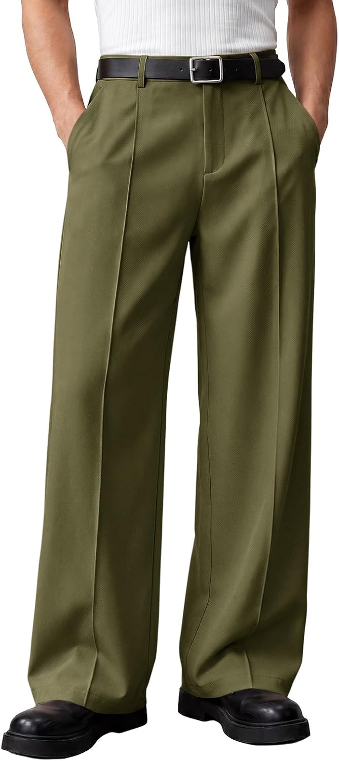Runcati Mens Baggy Dress Pants Casual Pleated Wide Leg Lightweight Trousers