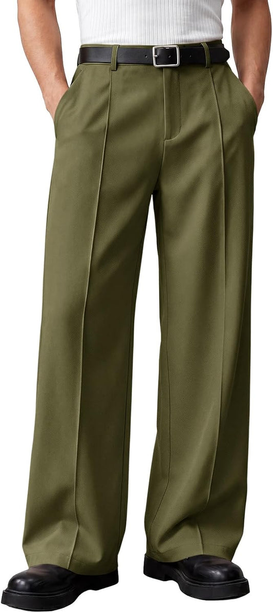 Runcati Mens Baggy Dress Pants Casual Pleated Wide Leg Lightweight Trousers