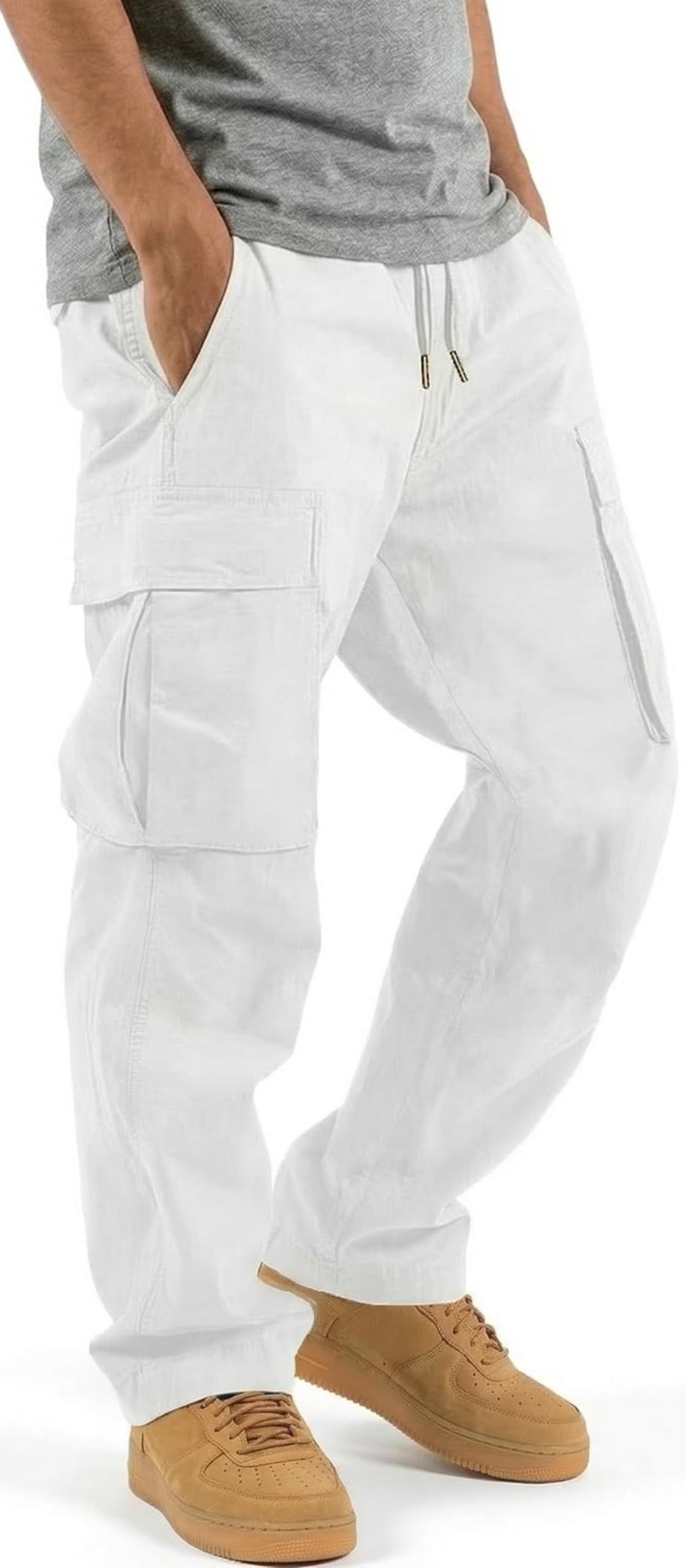 HUNGSON Mens Cargo Pants Drawstring Casual Hiking Pants Joggers Athletic Trousers Cotton Loose Straight Sweatpants for Men