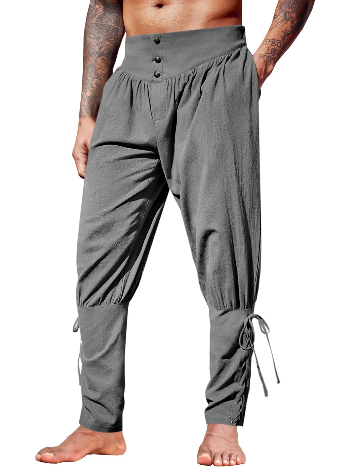 Runcati Mens Medieval Ankle Pants Renaissance Viking Linen Costume Trousers